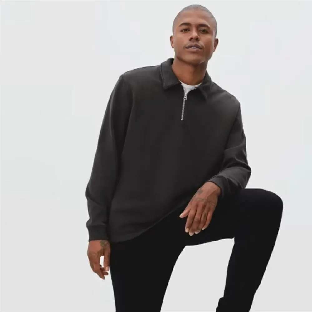Everlane The Track Quarter Zip Sweatshirt Mens M Black Organic Cotton Minimalist